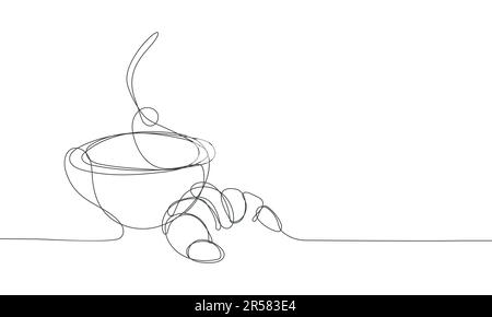 Tazza di caffè e croissant. Disegno continuo a una linea. Illustrazione vettoriale isolata su sfondo bianco. Illustrazione Vettoriale