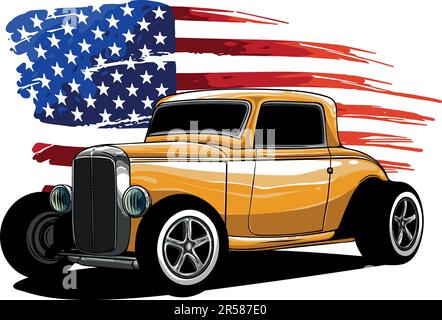 illustrazione vettoriale di hot rod con bandiera americana Illustrazione Vettoriale