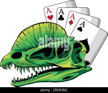 illustrazione vettoriale del cranio dilofosauro con carte da poker Illustrazione Vettoriale