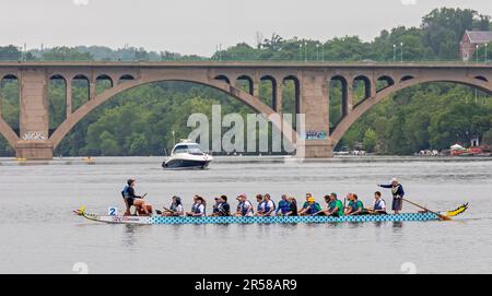 Washington, DC - il DC Dragon Boat Festival sul fiume Potomac. Dragon Boat è una tradizione cinese di 2300 anni. Il festival di Washington è stato Foto Stock