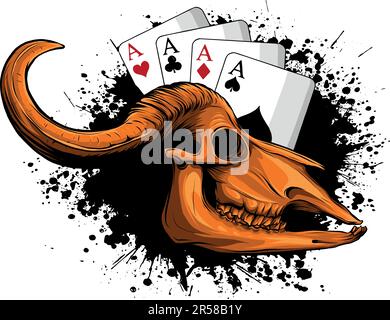 illustrazione vettoriale del cranio di mucca vcon assi di poker Illustrazione Vettoriale