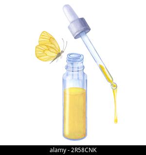 Olio essenziale. Pipetta in flacone di vetro blu. Farfalla gialla. Illustrazione di acquerello disegnata a mano isolata su sfondo bianco. Per imballaggi cosmetici b Foto Stock