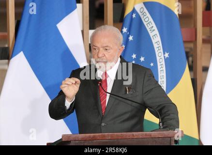 Brasilia, Distrito Federale, Brasil. 1st giugno, 2023. (INT) Conferenza stampa con Lula e Sauli NiinistÃƒÂ¶. 1 giugno 2023, Brasilia, Distretto Federale, Brasile: Conferenza stampa con i Presidenti del Brasile, Luiz Inacio Lula da Silva e Finlandia, Sauli NiinistÃƒÂ¶ Giovedì (01) al Palazzo Itamaraty di Brasilia.Credit: Frederico Brasil/Thenews2 (Foto: Frederico Brasil/Thenews2/Zumapress) (Credit Image: © Frederico Brasil/TheNEWS2 via ZUMA Press Wire SOLO USO EDITORIALE! Non per USO commerciale! Foto Stock