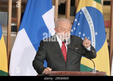 Brasilia, Distrito Federale, Brasil. 1st giugno, 2023. (INT) Conferenza stampa con Lula e Sauli NiinistÃƒÂ¶. 1 giugno 2023, Brasilia, Distretto Federale, Brasile: Conferenza stampa con i Presidenti del Brasile, Luiz Inacio Lula da Silva e Finlandia, Sauli NiinistÃƒÂ¶ Giovedì (01) al Palazzo Itamaraty di Brasilia.Credit: Frederico Brasil/Thenews2 (Foto: Frederico Brasil/Thenews2/Zumapress) (Credit Image: © Frederico Brasil/TheNEWS2 via ZUMA Press Wire SOLO USO EDITORIALE! Non per USO commerciale! Foto Stock