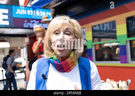 Ellen Hart Sturm, proprietario di Ellen's Stardust Restaurant popolare tra i turisti, ha annunciato il supporto per il mese di giugno 2023 Pride e ha annunciato che tutte le vendite di torta arcobaleno e milkshake vedrà una parte dei proventi Diner andare a Broadway Cares / Equity Fights AIDS, inoltre, il contributo di Ellen da parte di Stardust Diner a un'organizzazione senza scopo di lucro. 01 Giugno 2023 (Foto: Vanessa Carvalho) Credit: Brasile Photo Press/Alamy Live News Foto Stock