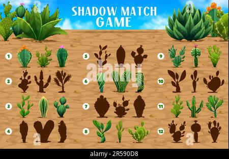 Partita ombra. Succulenti di cactus prickly messicani. Silhouette similarità ricerca giochi per bambini, ombra partita vettore puzzle foglio di lavoro con piante prickly Illustrazione Vettoriale