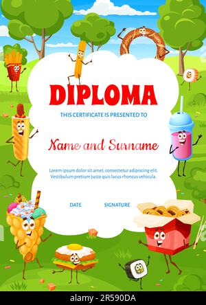 Bambini diploma cartoni animati fast food e dessert personaggi. Churros vettoriali, patatine fritte, hot dog e gelato Hong Kong Bubble waffle. Spaghetti al wok, uova Illustrazione Vettoriale