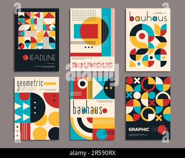 Bauhaus poster con motivi geometrici astratti. Forme geometriche semplici sfondi vettoriali impostati con cerchi, triangoli e quadrati, punti e croci Illustrazione Vettoriale