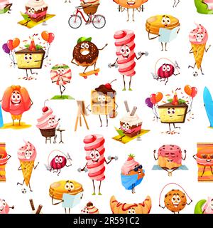 Dolci cartoni animati, caramelle, dessert, biscotti modello senza cuciture. Divertenti personaggi dessert carta da parati vettoriale con ciambella, waffle e torta, gelato, gelatina Illustrazione Vettoriale