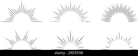 Set di cornici semisurve. Collezione vintage Sunrise e Sunset. Confezione di raggi solari a semicerchio deformata. Elemento retrò per il design dei raggi solari per logo, etichette, badge, banner, icone. Bundle vettoriale Illustrazione Vettoriale