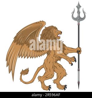 Disegno vettoriale di leone rampante alato con tridente, leone araldico con ali, creatura fantasy alata Illustrazione Vettoriale