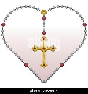 Disegno vettoriale del rosario a forma di cuore, rosario a croce cristiana, simbolo della religione cattolica Illustrazione Vettoriale