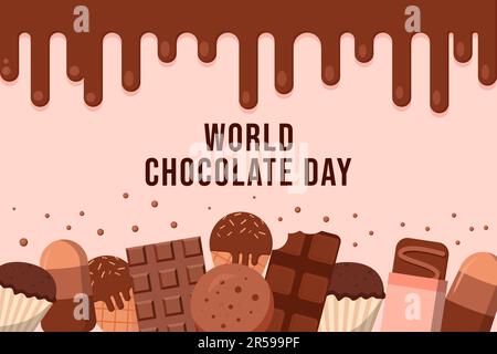 illustrazione della giornata mondiale del cioccolato con cioccolato fuso, torta, gelato e barrette di cioccolato Illustrazione Vettoriale