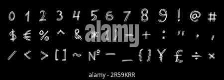 Semplice nero speciale matematico e altri simboli e segni font da 0 a 9. Illustrazione vettoriale in stile doodle disegnato a mano isolato su sfondo bianco Illustrazione Vettoriale