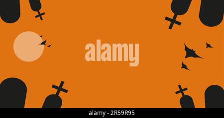 Sfondo di Halloween con tombe, luna e pipistrelli volanti. Spazio vuoto al centro. Illustrazione semplice del vettore piatto. Colori arancione e nero. Illustrazione Vettoriale