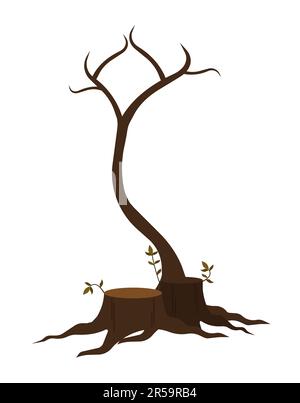 Albero autunnale senza foglie, con due ceppi e radici. Illustrazione del vettore isolato. Oggetto dell'albero del cartone animato di Halloween. Illustrazione Vettoriale
