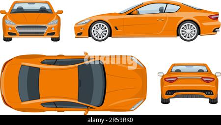 Modello vettoriale per auto sportive arancione con colori semplici senza sfumature ed effetti. Vista laterale, anteriore, posteriore e superiore Illustrazione Vettoriale