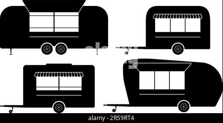 Trailer di alimenti silhouette su sfondo bianco vettore illustrazione. Le icone dei veicoli alimentari impostano la vista laterale Illustrazione Vettoriale