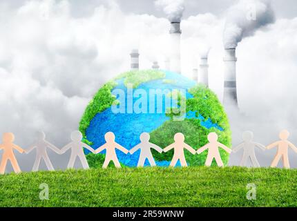 Erba pianeta Terra con catena di persone, emissioni di carbonio e gas a effetto serra concetto di impronta di carbonio Foto Stock