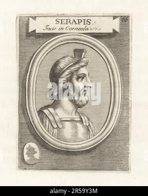 Graeco-egiziano divinità Serapide in pettorale e modius headdress. L'imperatore romano Giuliano (331-363) rifiutò il cristianesimo e fu raffigurato come il dio Serapis in questa gemma corneliana incisa. Serapis Incis a Corneola. Incisione su copperplate di Francesco Valesio, Antonio Gori e Academia Etrusca di Ridolfino Venuti, Museo Cortonense in quo Vetera Monumenta, (Accademia Etrusca o Museo di Cortona), Faustus Amideus, Roma, 1750. Foto Stock