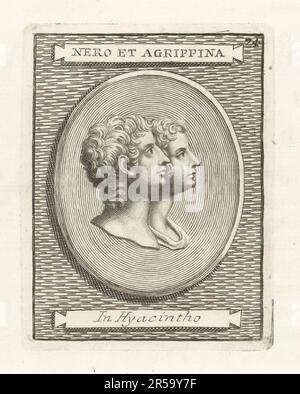 L'imperatore romano Nerone 37-68, e sua madre Agrippina il giovane, 15-59. Gemma incisa in giacinto. Nero e Agrippina a Hyacintho. Incisione su copperplate di Francesco Valesio, Antonio Gori e Academia Etrusca di Ridolfino Venuti, Museo Cortonense in quo Vetera Monumenta, (Accademia Etrusca o Museo di Cortona), Faustus Amideus, Roma, 1750. Foto Stock