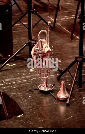 Un'immagine di una tromba e di un muto in piedi sul palco durante un'intermissione in un teatro Foto Stock