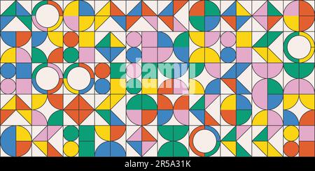 Disegno vettoriale astratto colorato con forme e forme geometriche semplici. Lungo sfondo orizzontale in stile Bauhaus minimal. Modello di tendenza per il Web Illustrazione Vettoriale