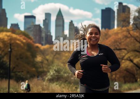 Una giovane donna felice in sovrappeso indossa un abbigliamento sportivo che brivia Foto Stock