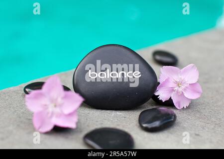 Massaggiare in pietra con la parola EQUILIBRIO e fiori rosa Foto Stock