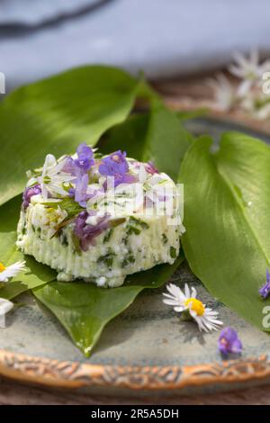 ramson, buckram, aglio selvatico, aglio a foglia larga, aglio di legno, porro d'orso, aglio d'orso (Allium ursinum), ramson feta autoprodotto con Foto Stock