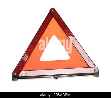 Triangolo di emergenza isolato su bianco, vista dall'alto. Sicurezza dell'auto Foto Stock