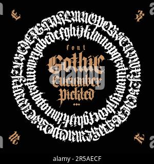 Gotico. Vettore. Lettere maiuscole su sfondo scuro. Calligrafia bella ed elegante. Elegante carattere europeo per tatuaggio e design. Medievale G. Illustrazione Vettoriale