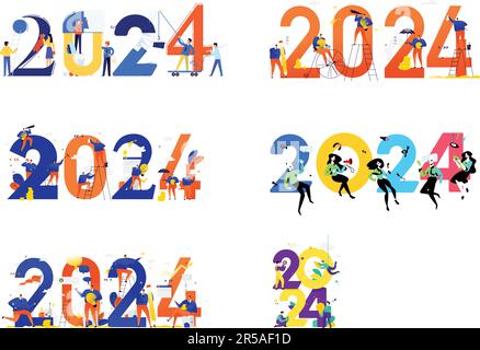 Nuovo anno 2024. Incontro del nuovo anno. Vettore. Uomini d'affari salutano Natale e Capodanno. Nuovi orizzonti. Preparazione per la vacanza. Metafora del business Illustrazione Vettoriale