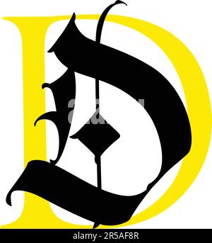 Lettera D, in stile gotico. Vettore. Alfabeto. Il simbolo è isolato su uno sfondo bianco. La calligrafia e scritte. Latino medievale lettera. Il logo Illustrazione Vettoriale
