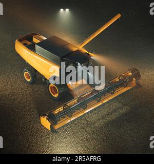 Mietitrebbia enorme con luci lampeggianti di notte in un campo. Vasta macchina agricola di raccolta. Cedimento di colture agricole. Concetto di agricolo Foto Stock