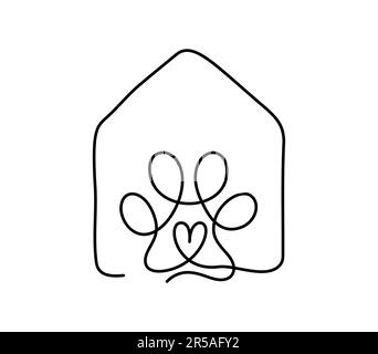 cane gatto animale domestico casa hotel amore logo vettore icona linea arte contorno. Negozio di illustrazioni disegnate a mano monoline con posto per il testo Illustrazione Vettoriale
