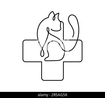 Clinica veterinaria. Icona vettoriale logo Cat e cross monoline. Vet ospedale per gli animali. Trattamento cani o gatti. Kitty e cucciolo su veterinario Illustrazione Vettoriale