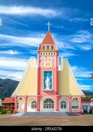 La Chiesa parrocchiale cattolica di Ro Koi nel distretto di SA Thay, Provincia di Kontum, Vietnam. La chiesa rosa e gialla è stata ufficialmente aperta nel gennaio 2022 e. Foto Stock