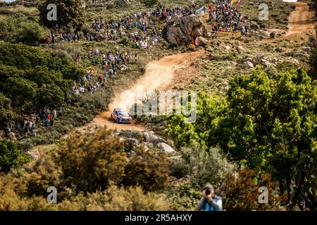 Olbia, Italia. 02nd giugno, 2023. 28 Nicolas CIAMIN (fra), Yannick ROCHE (fra), VOLKSVAGEN Polo GTI, RC2, Rally2, Azione durante il Rally Italia Sardegna 2023, 6th° round del WRC World Rally Car Championship 2023, dal 1 al 4 giugno 2023 a Olbia - Foto Nikos Katikis/DPPI Credit: DPPI Media/Alamy Live News Foto Stock