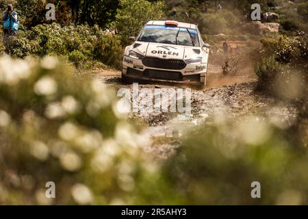 Olbia, Italia. 02nd giugno, 2023. 29 Kajetan KAJETANOWICZ (POL), Maciej SZCHZEPANIAK (POL), SKODA FABIA RS, RC2, Rally2, Azione durante il Rally Italia Sardegna 2023, 6th° round del WRC World Rally Car Championship 2023, dal 1 al 4 giugno 2023 a Olbia - Foto Nikos Katikis/DPPI Credit: DPPI Media/Alamy Live News Foto Stock