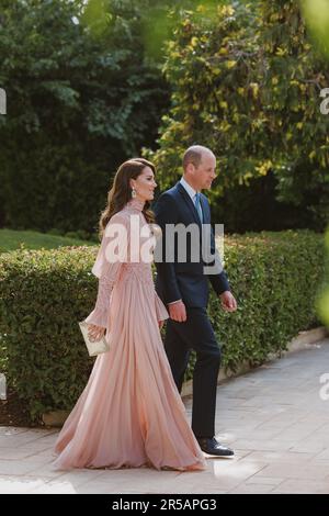 Amman, Giordania. 01st giugno, 2023. Principe e Principessa di Galles, Guglielmo e Kate partecipano alla cerimonia nuziale del loro Principe ereditario reale al Hussein e della Principessa Rajwa al Hussein nel Palazzo Zahran ad Amman, in Giordania, il 1 giugno 2023. (Foto di The Royal Hashemite Court RHC via Credit: Sipa USA/Alamy Live News Foto Stock