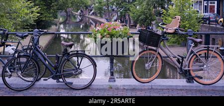 Utrecht, Paesi Bassi - Giugno 07 2022: Due biciclette accanto a Ivy Geranium su un ponte sul canale Oudegracht. Foto Stock