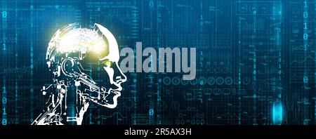 Business Analytics and Data Management System by ai. Un robot umanoide, intelligenza artificiale, analizza dati aziendali, grafici, grafici, Rapporti su DAT Foto Stock