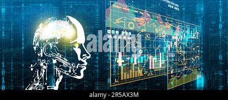 Business Analytics and Data Management System by ai. Un robot umanoide, intelligenza artificiale, analizza dati aziendali, grafici, grafici, Rapporti su DAT Foto Stock