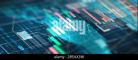 Dati finanziari come grafici, grafici e rapporti. Analisi completa di ricerca di marketing, pianificazione dello sviluppo, gestione strategica. Analisi dei dati Foto Stock