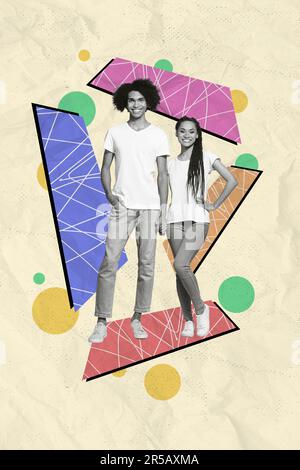 Immagine collage verticale dei partner positivi gamma bianco nero tengono le braccia isolate sullo sfondo della carta da disegno Foto Stock