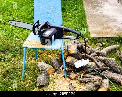 Sega a catena elettrica e legno segato durante la lavorazione stagionale in giardino e taglio alberi per legna da ardere. Foto Stock