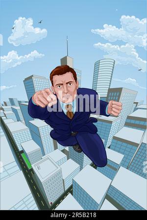 Super Hero uomo d'affari SuperHero Flying Cartoon Illustrazione Vettoriale