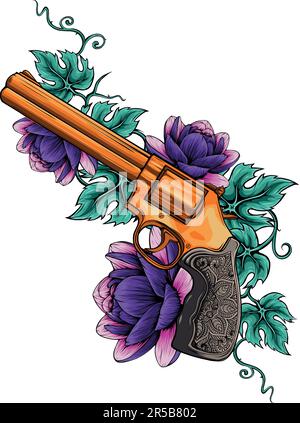 Illustrazione vettoriale del colore di Revolver e fiori Illustrazione Vettoriale