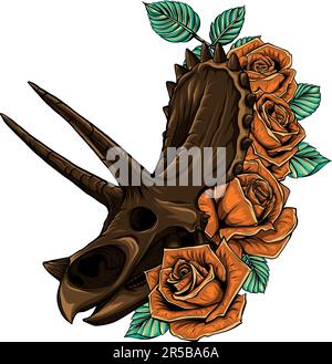 Disegno di cranio Triceratops con rosa su sfondo bianco Illustrazione Vettoriale